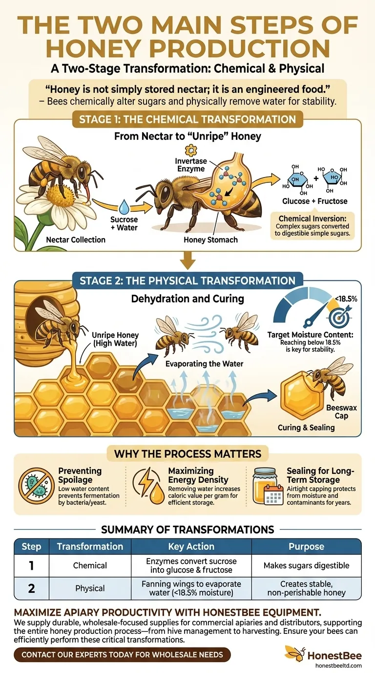 What are the two main steps in the honey production process by bees? Chemical and Physical Transformations Visual Guide