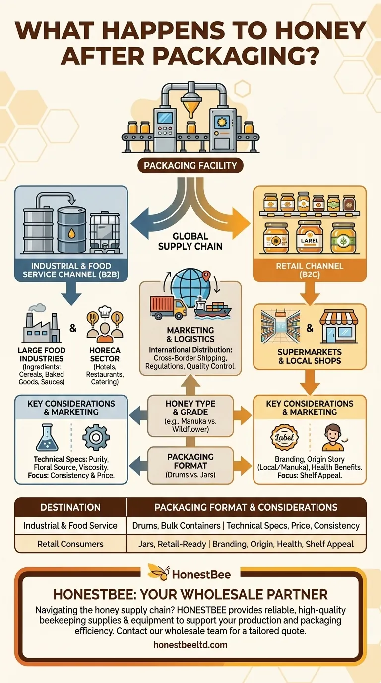 What happens to honey after the packaging process? From Packaging to Global Markets Visual Guide