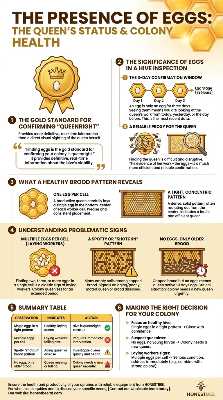 What does the presence of eggs in a colony indicate about the queen? Your Key to Hive Health Visual Guide