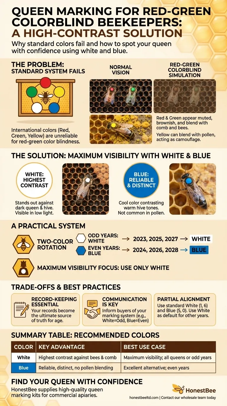 Quali colori sono raccomandati per marcare le regine se l'apicoltore è daltonico rosso-verde? Usa Bianco e Blu per la Massima Visibilità Guida Visiva