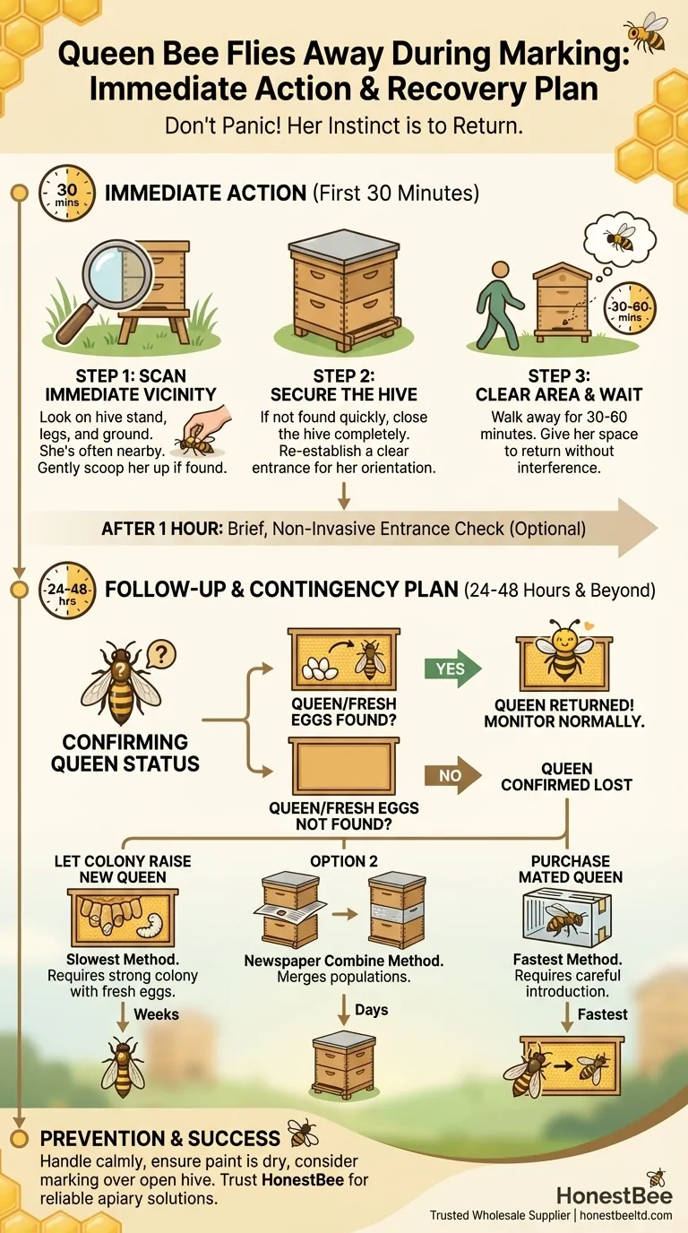 What should be done if a marked queen flies away? A Beekeeper's Guide to Calm Recovery Visual Guide