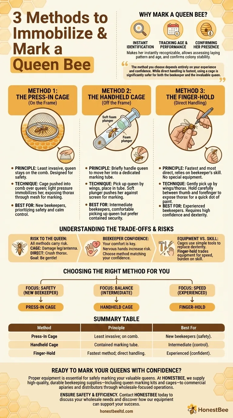 What are the three methods to immobilize a queen bee for marking? A Guide for Safe & Effective Handling Visual Guide