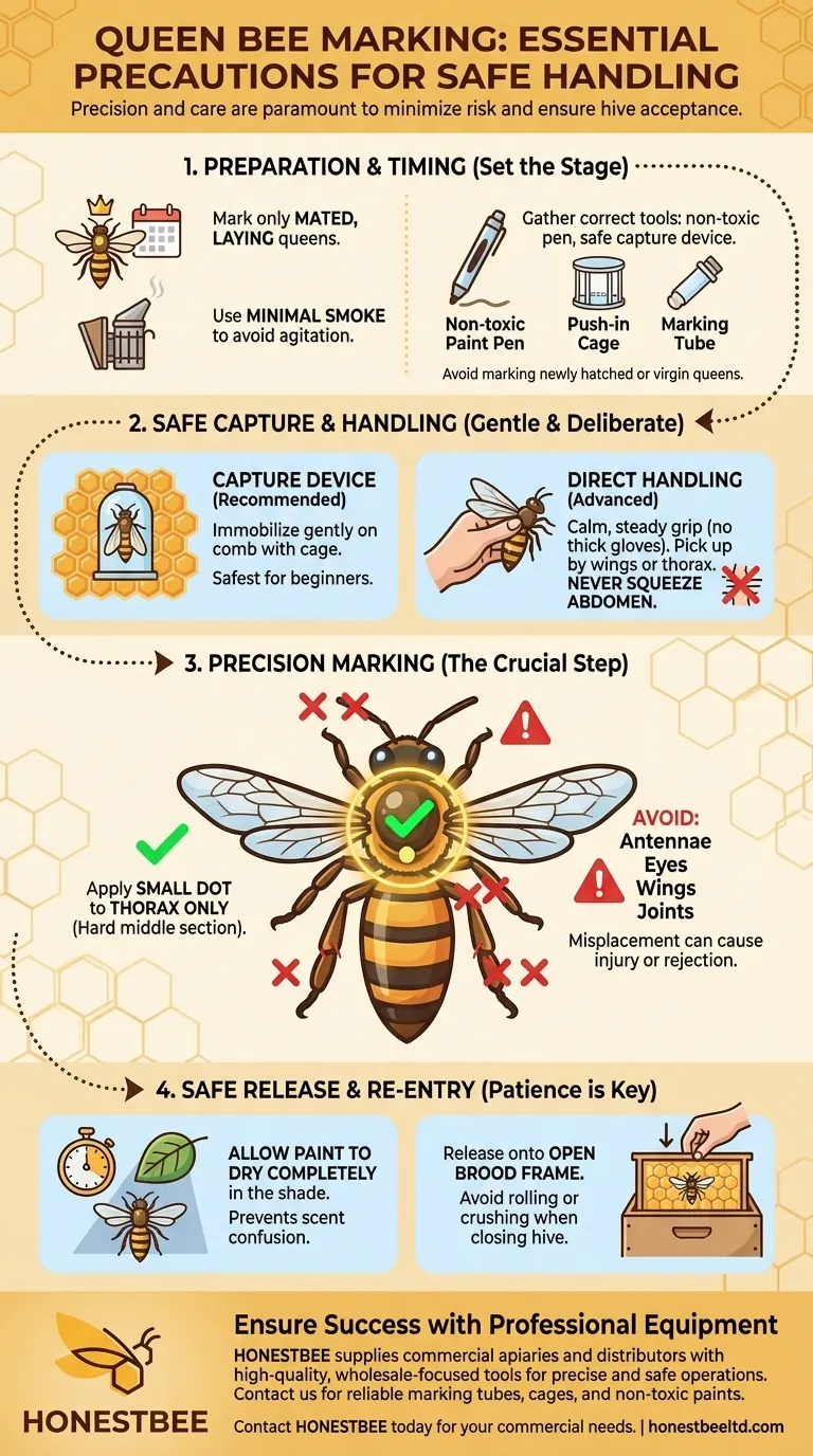 What precautions should be taken when handling a queen bee for marking? Essential Steps for Safe Queen Marking Visual Guide