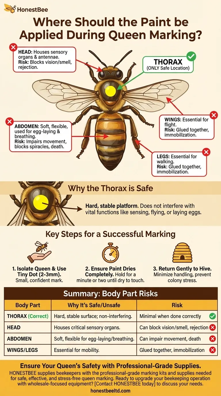 Where should the paint be applied during queen marking? A Guide to Safely Marking Your Queen Bee Visual Guide