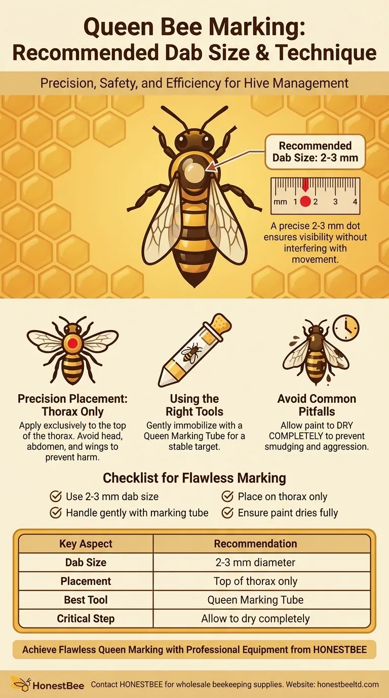 What is the recommended size for the paint dab during queen marking? Ensure a Safe, Visible Mark Visual Guide