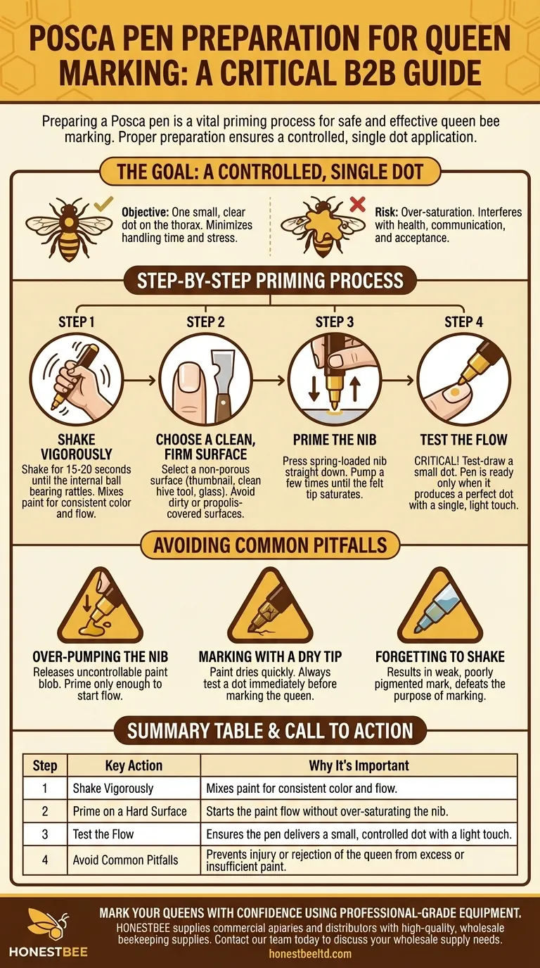 How should a Posca pen be prepared for queen marking? Ensure a Safe, Precise Mark Every Time Visual Guide