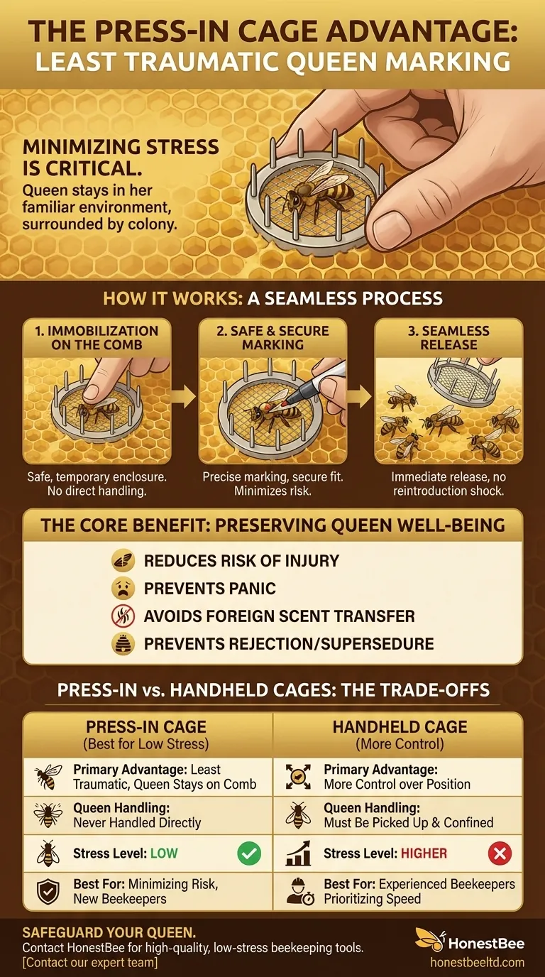 What is one advantage of using a press-in cage for queen marking? Minimize Stress and Ensure Hive Health Visual Guide