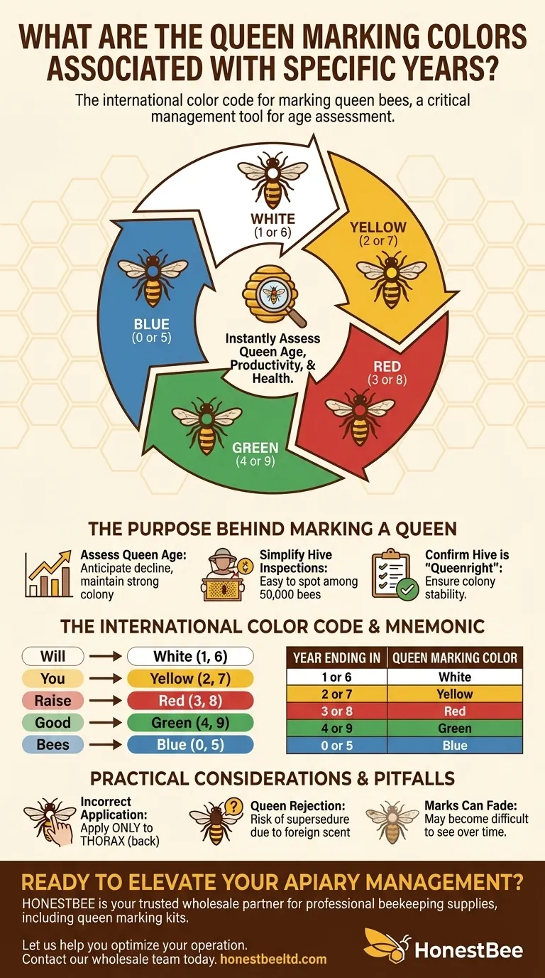 What are the Queen marking colors associated with specific years? Master Hive Management with the 5-Year Color Code Visual Guide