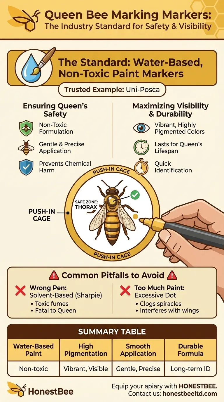What type of markers are commonly used for marking Queen bees? Choose the Safe, Non-Toxic Standard Visual Guide