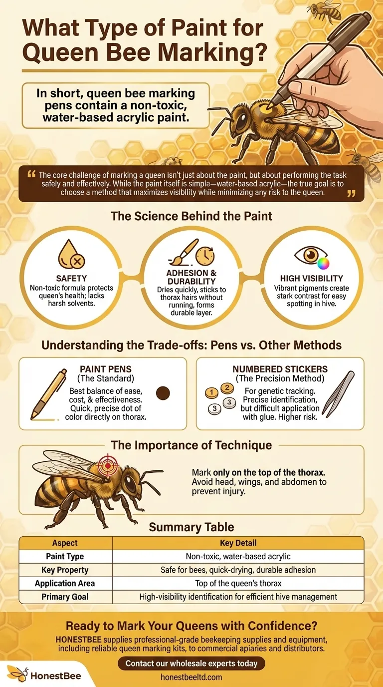 What type of paint is used in the markers designed for marking Queen bees? Safe, Durable, and High-Visibility Solutions Visual Guide