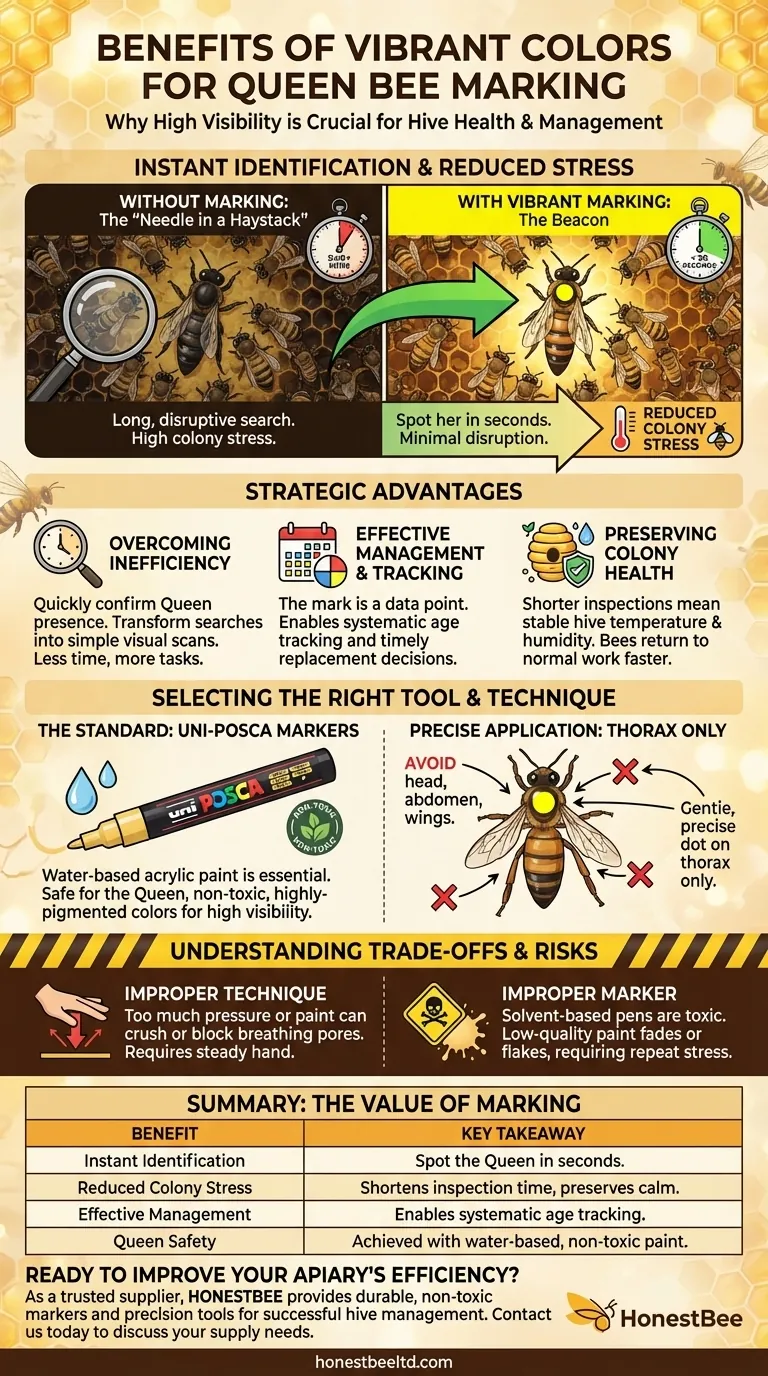 What are the benefits of using vibrant colors in markers for Queen bees? Achieve Faster, Safer Hive Inspections Visual Guide
