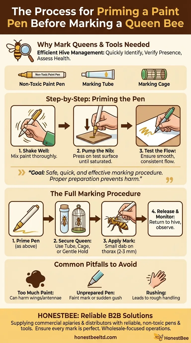 Qual è il processo per innescare un pennarello per vernice prima di marcare un'ape regina? Garantire una procedura di marcatura sicura e rapida Guida Visiva