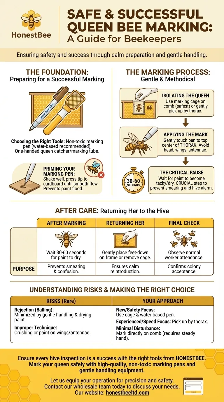 What should be done after marking a Queen bee? Ensure a Safe Return and Hive Harmony Visual Guide
