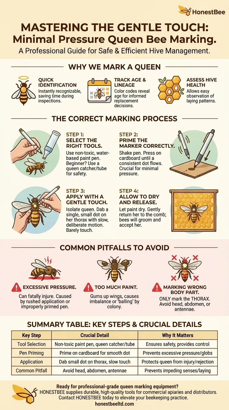 What is the proper technique for applying minimal pressure when marking a Queen bee? Master the Gentle Touch for Hive Success Visual Guide