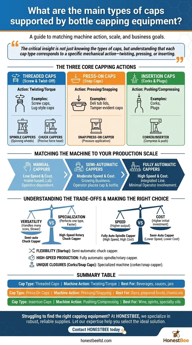 What are the main types of caps supported by bottle capping equipment? Threaded, Press-On, and Insertion Visual Guide