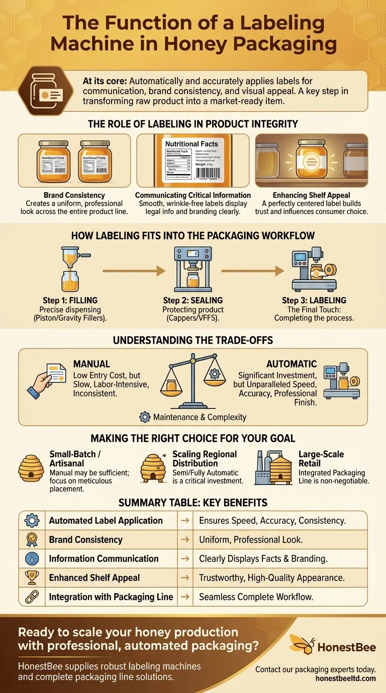 What is the function of a labeling machine in honey packaging? Ensure Brand Consistency & Shelf Appeal Visual Guide