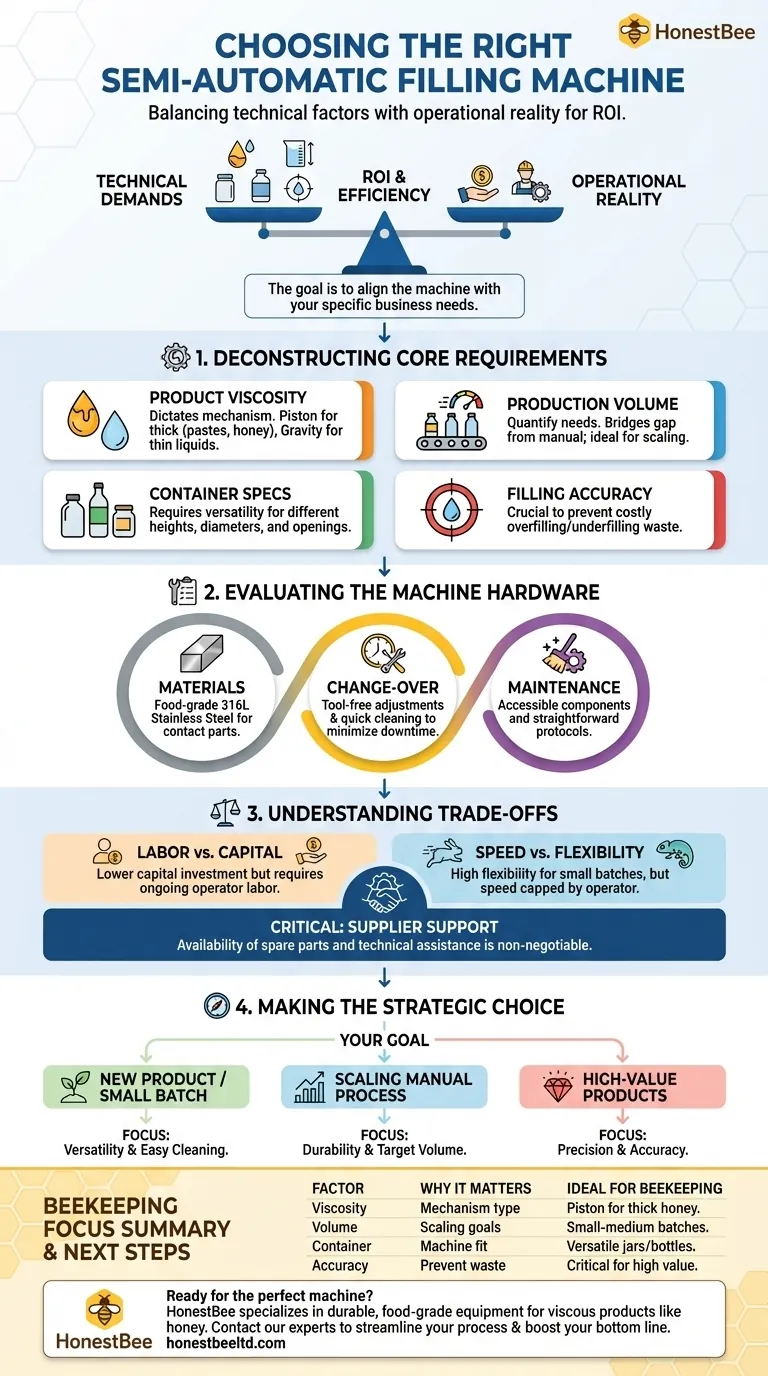 What factors should be considered when choosing a semi-automatic filling machine? A Guide for Apiaries & Distributors Visual Guide