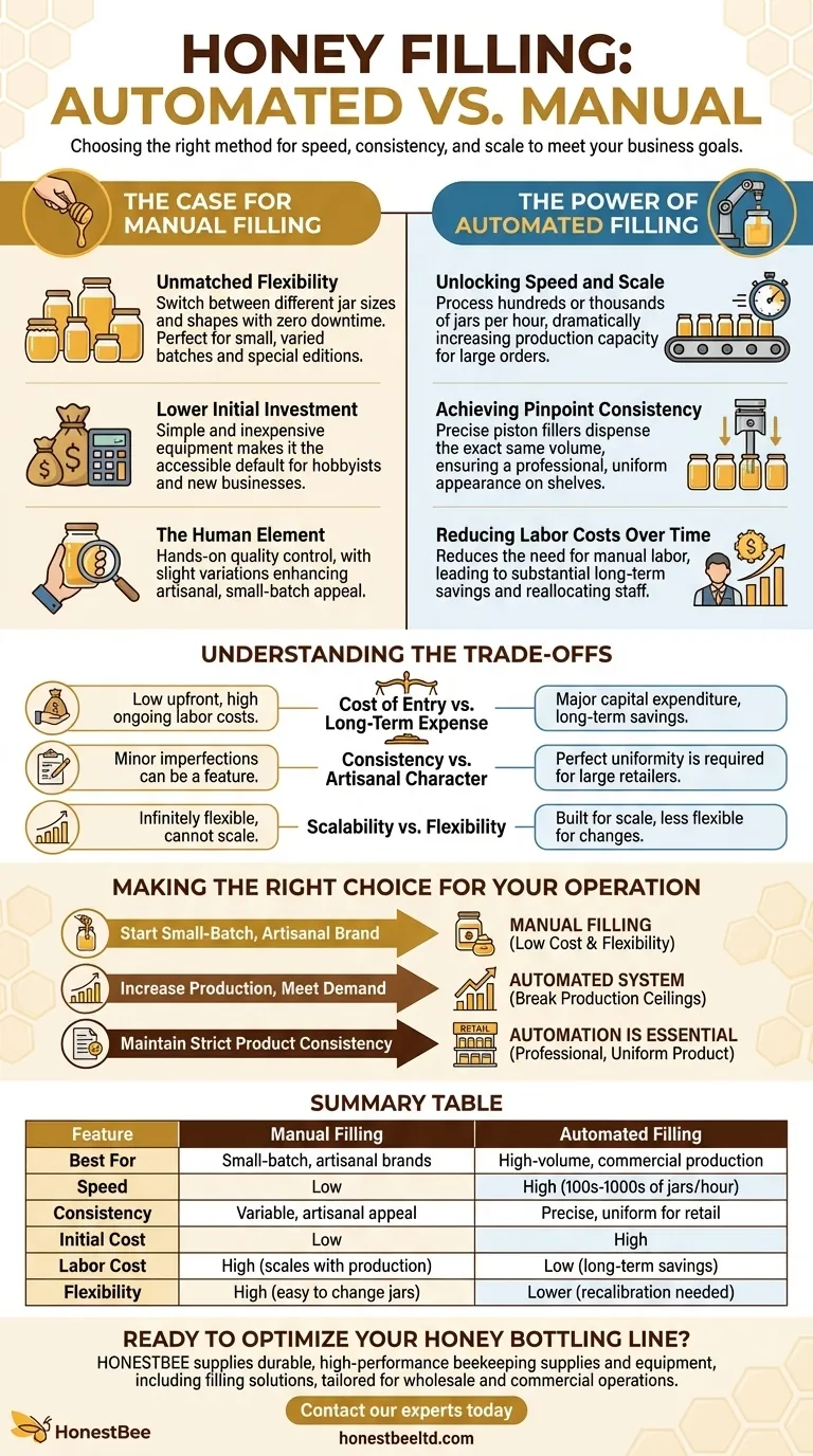 What are the main differences between automated and manual honey filling? Scale Your Bottling Operation Visual Guide