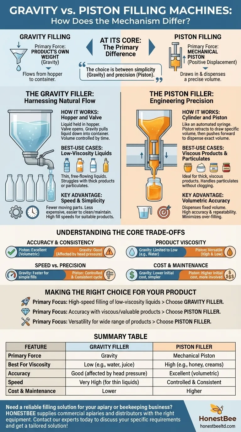 How does the filling mechanism differ between gravity and piston filling machines? Choose the Right Filler for Your Product Visual Guide