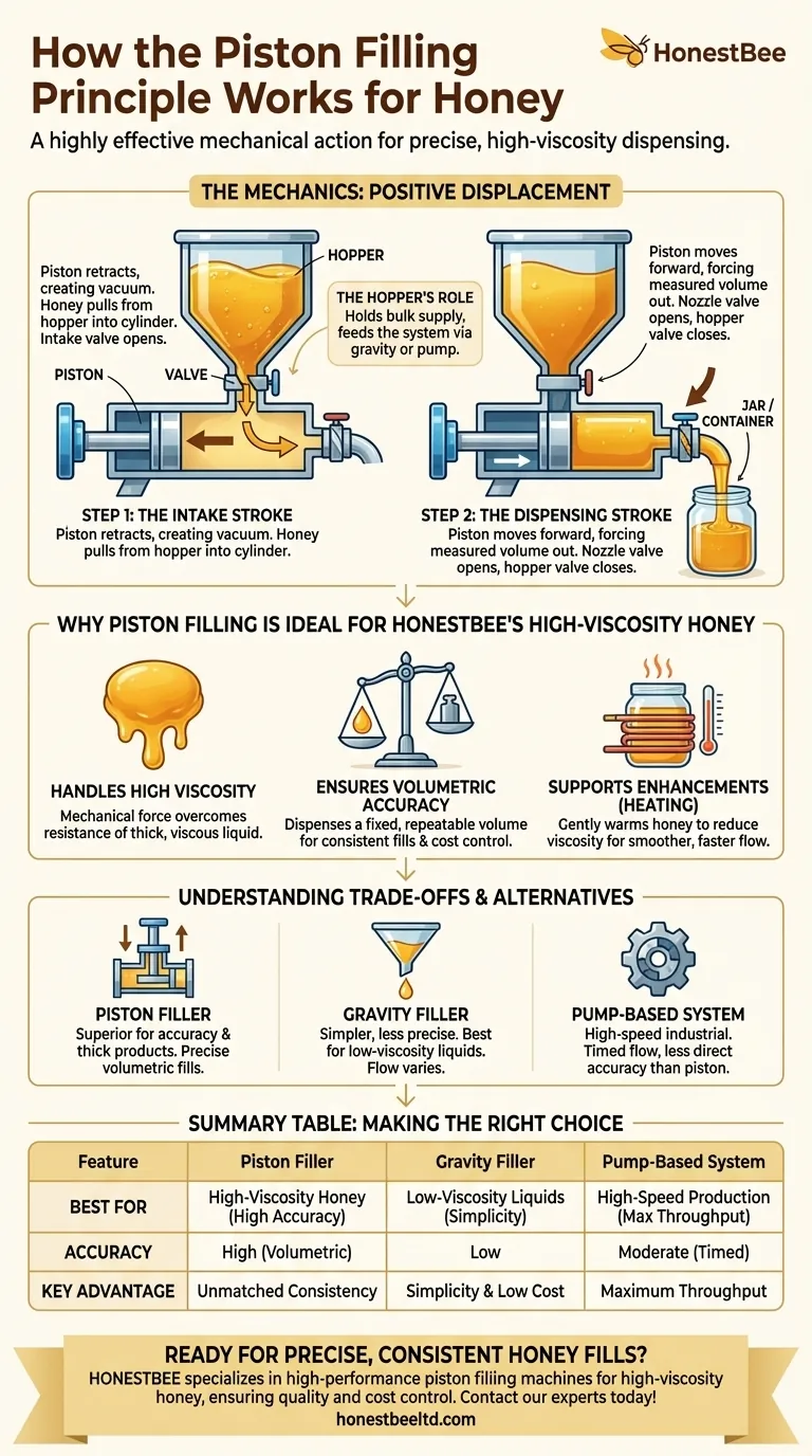 How does the piston filling principle work in honey filling machines? Achieve Precise, High-Viscosity Filling Visual Guide