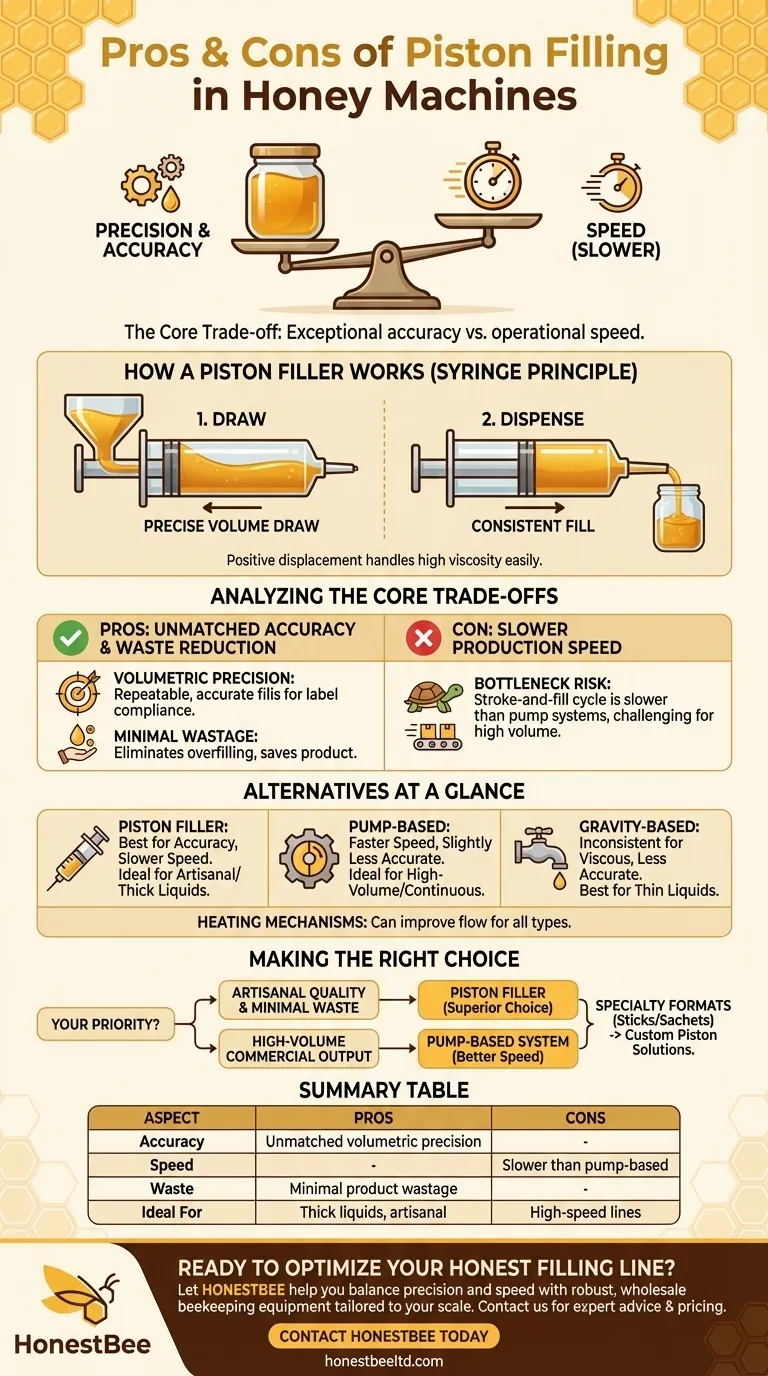 What are the pros and cons of piston filling in honey filling machines? Precision vs. Speed for Your Apiary Visual Guide