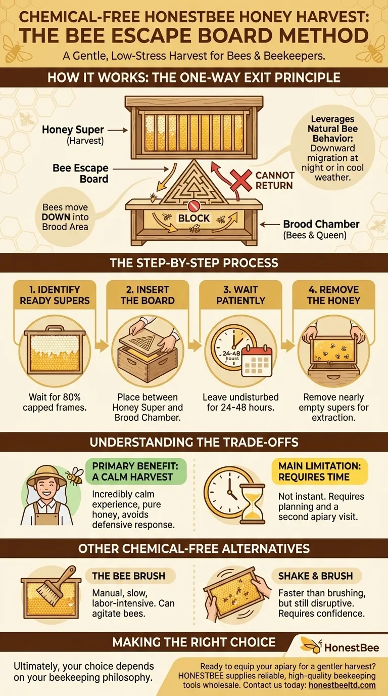 What is a chemical-free method to harvest honey from a beehive? The Gentle Bee Escape Board Solution Visual Guide