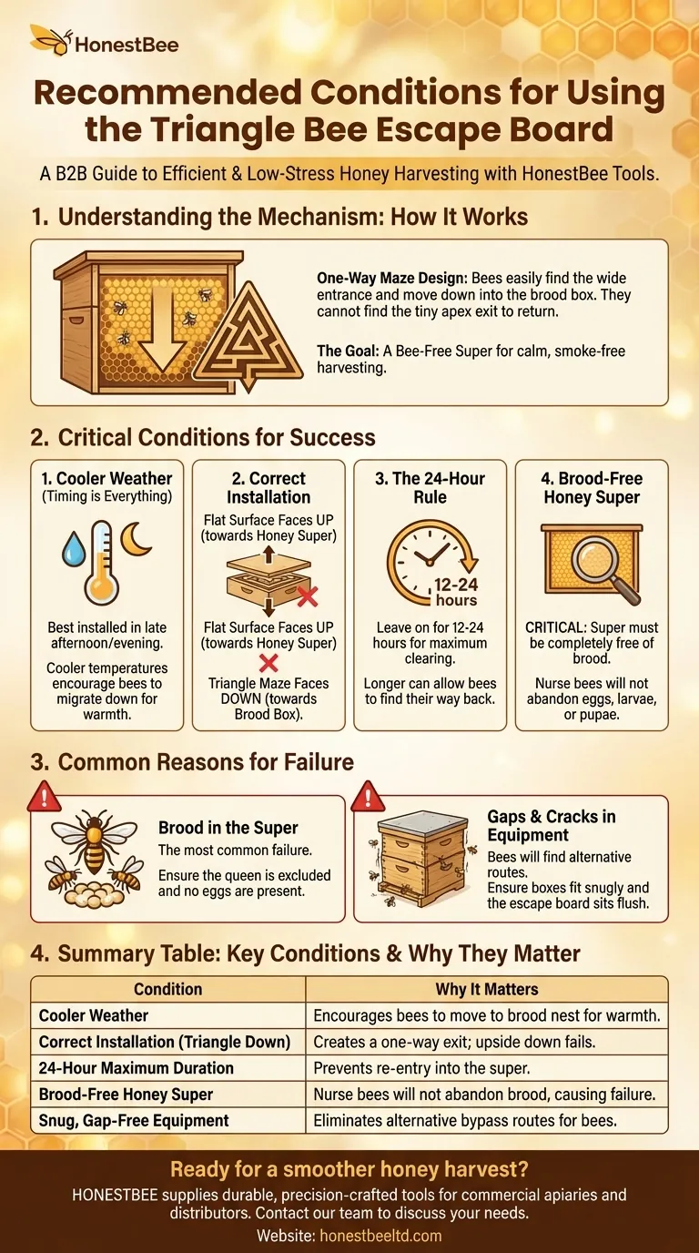 What are the recommended conditions for using the triangle bee escape board? Ensure a Successful, Low-Stress Honey Harvest Visual Guide
