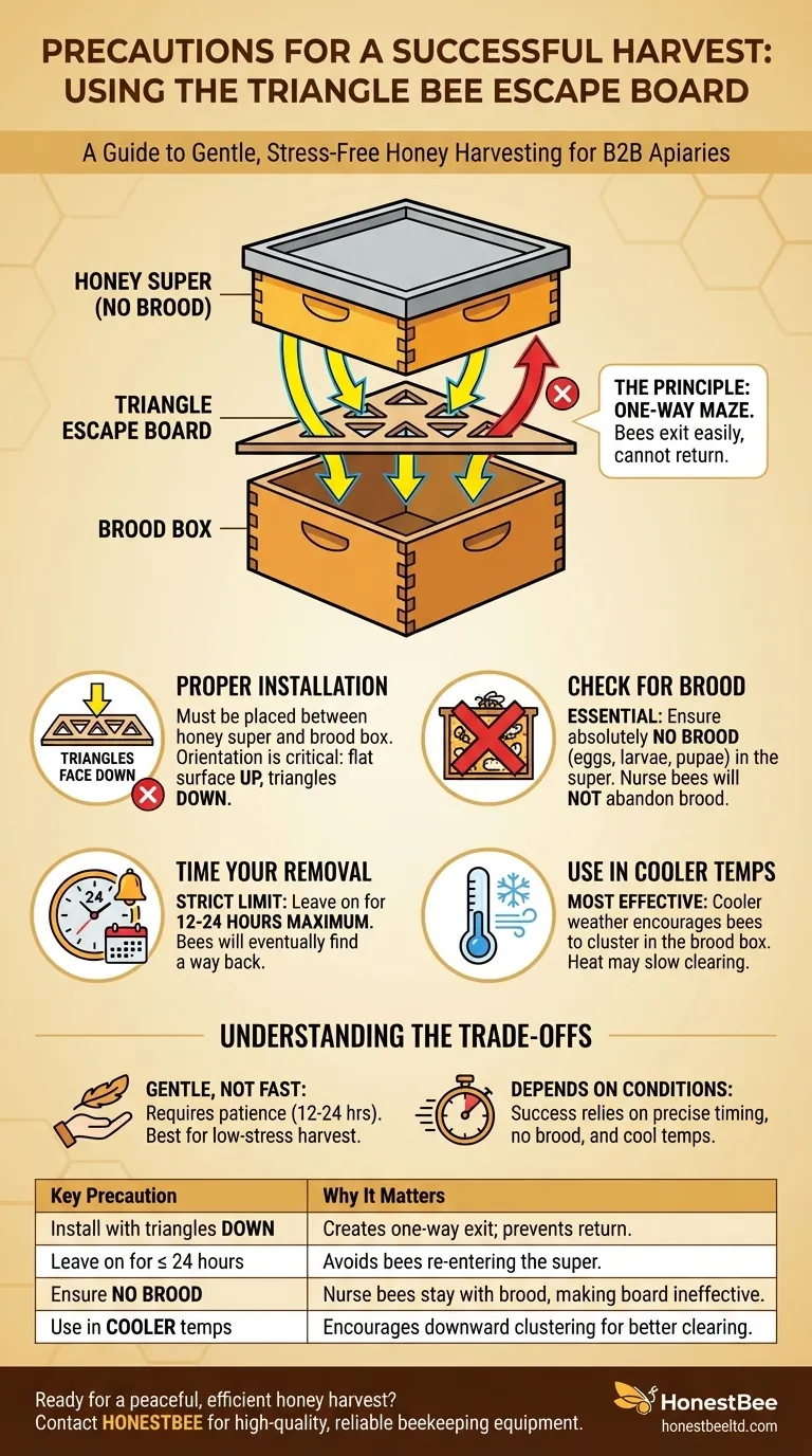 What precautions should be taken when using the triangle bee escape board? Ensure a Gentle & Successful Honey Harvest Visual Guide