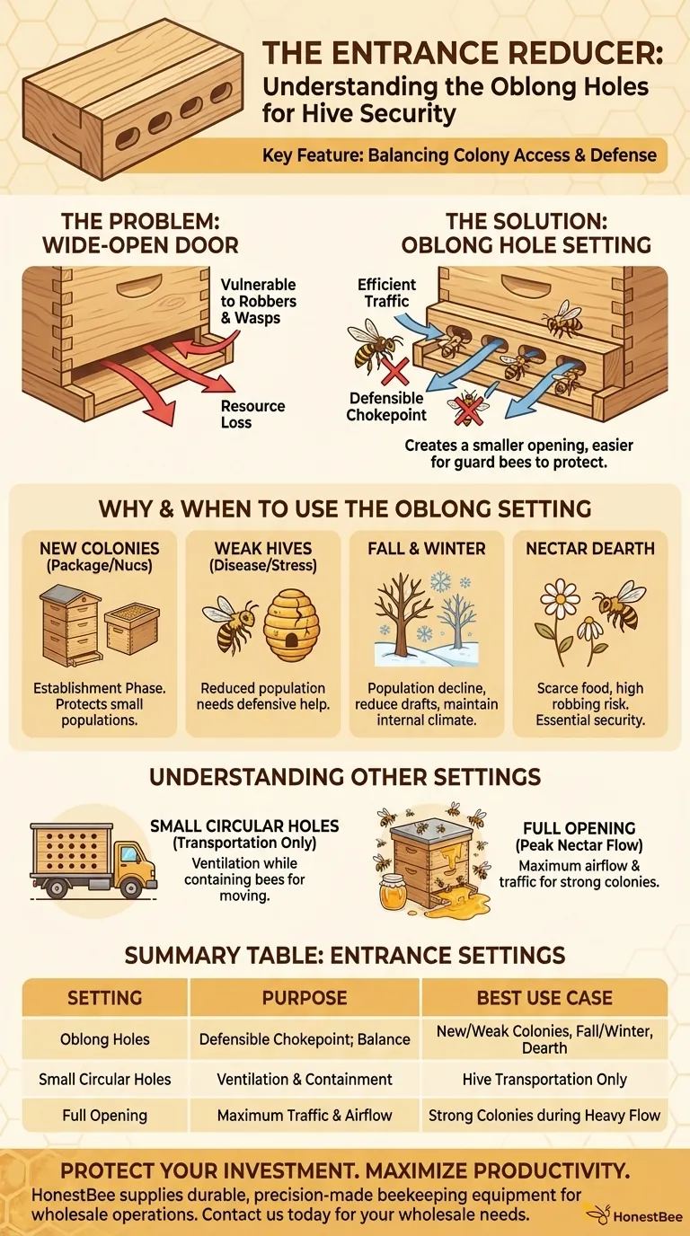 What are the features of the side with oblong holes in the entrance reducer? A Guide to Hive Defense & Health Visual Guide