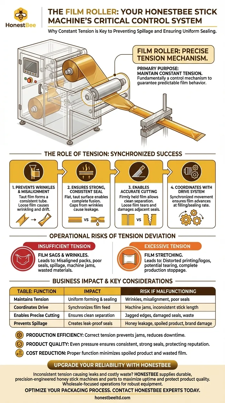 What is the purpose of the film roller in a honey stick machine? Prevent Spillage & Ensure Perfect Seals Visual Guide