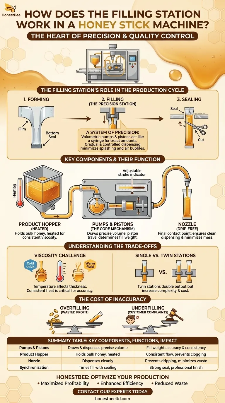 How does the filling station work in a honey stick machine? Achieve Perfect Fill Accuracy Visual Guide