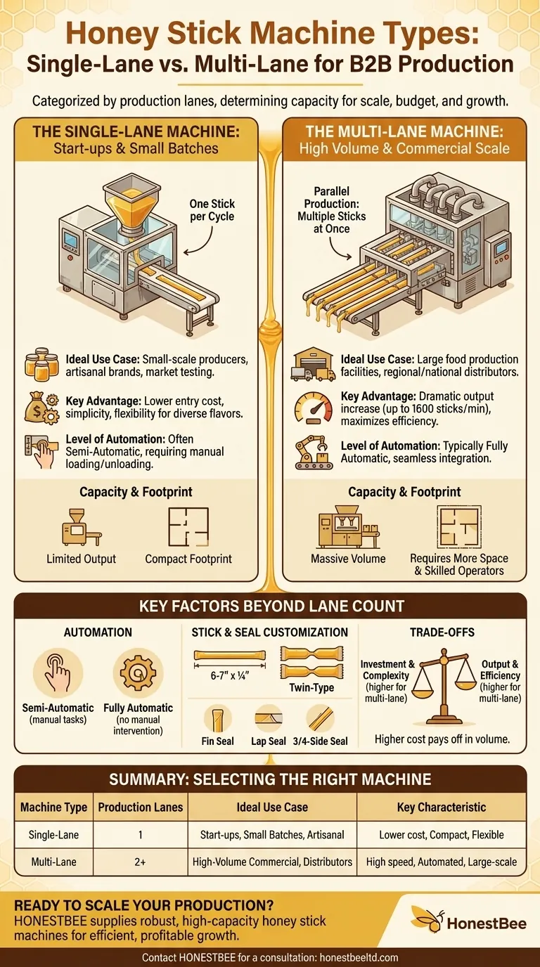 What are the different types of honey stick machines based on the number of lanes? Single-Lane vs. Multi-Lane Guide Visual Guide