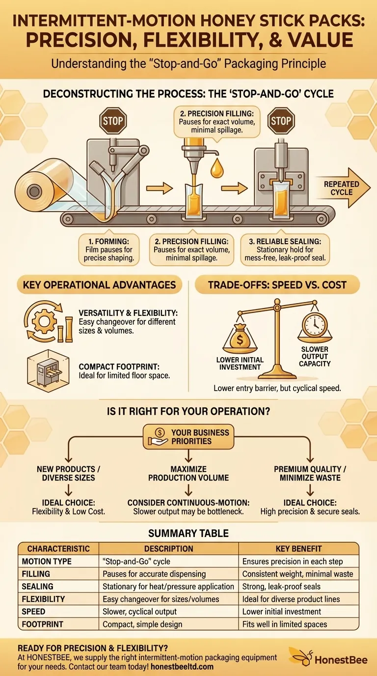 Каковы характеристики упаковочных машин для медовых стиков прерывистого действия? Точность, гибкость и доступность Визуальное руководство