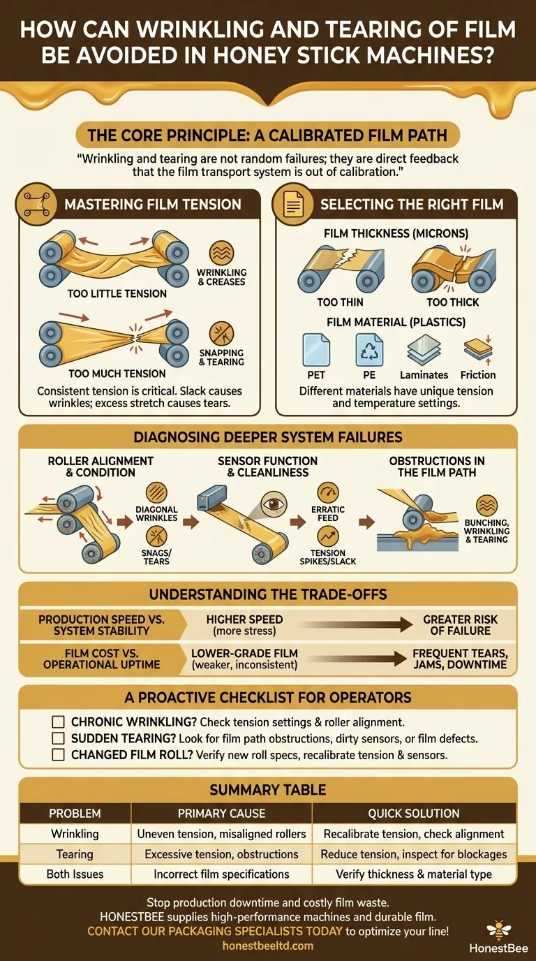 How can wrinkling and tearing of film be avoided in honey stick machines? Achieve Perfect Packaging Visual Guide
