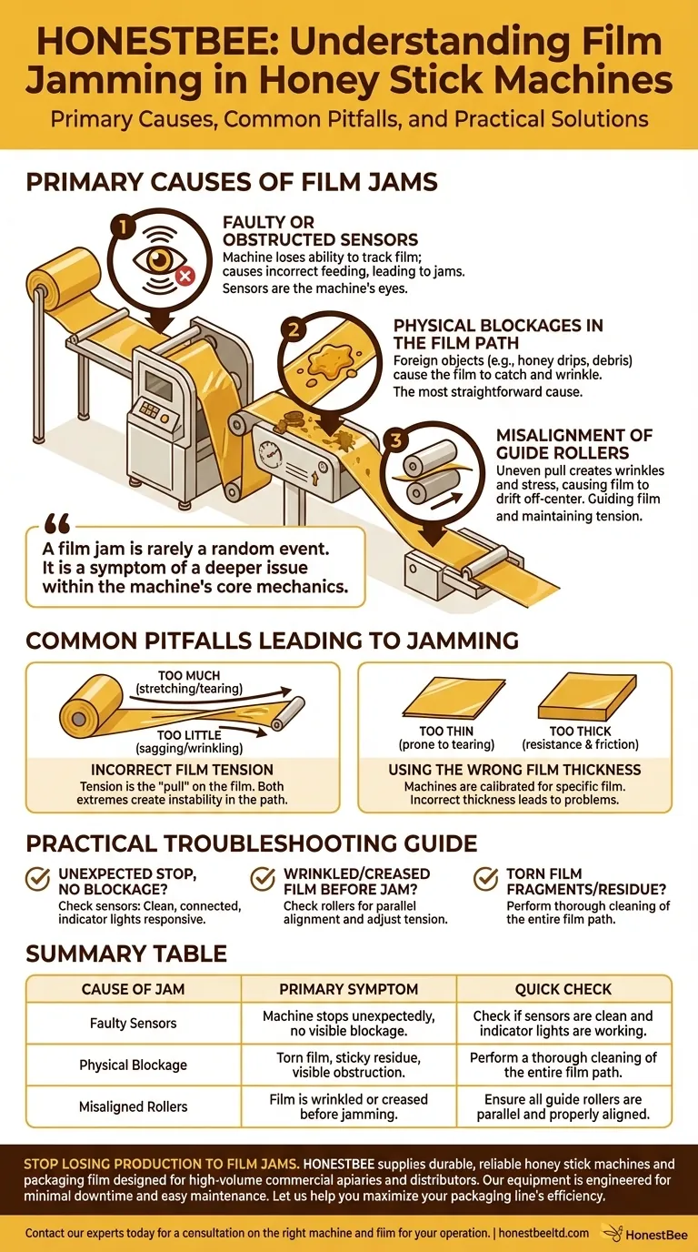 What causes jamming or blockage of film in honey stick machines? Prevent Costly Downtime Visual Guide