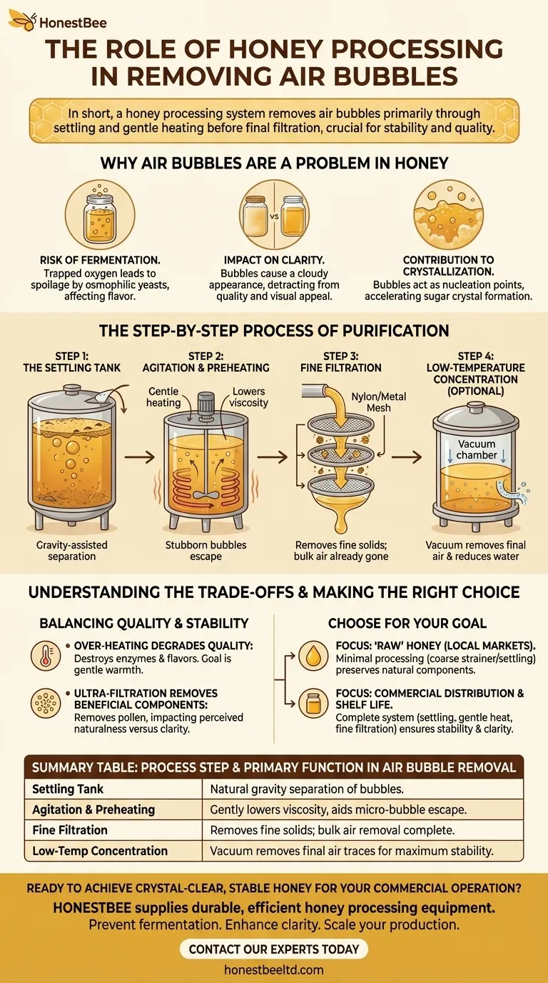 What role does a honey filtering machine play in removing air bubbles from honey? Ensure Honey Quality and Stability Visual Guide