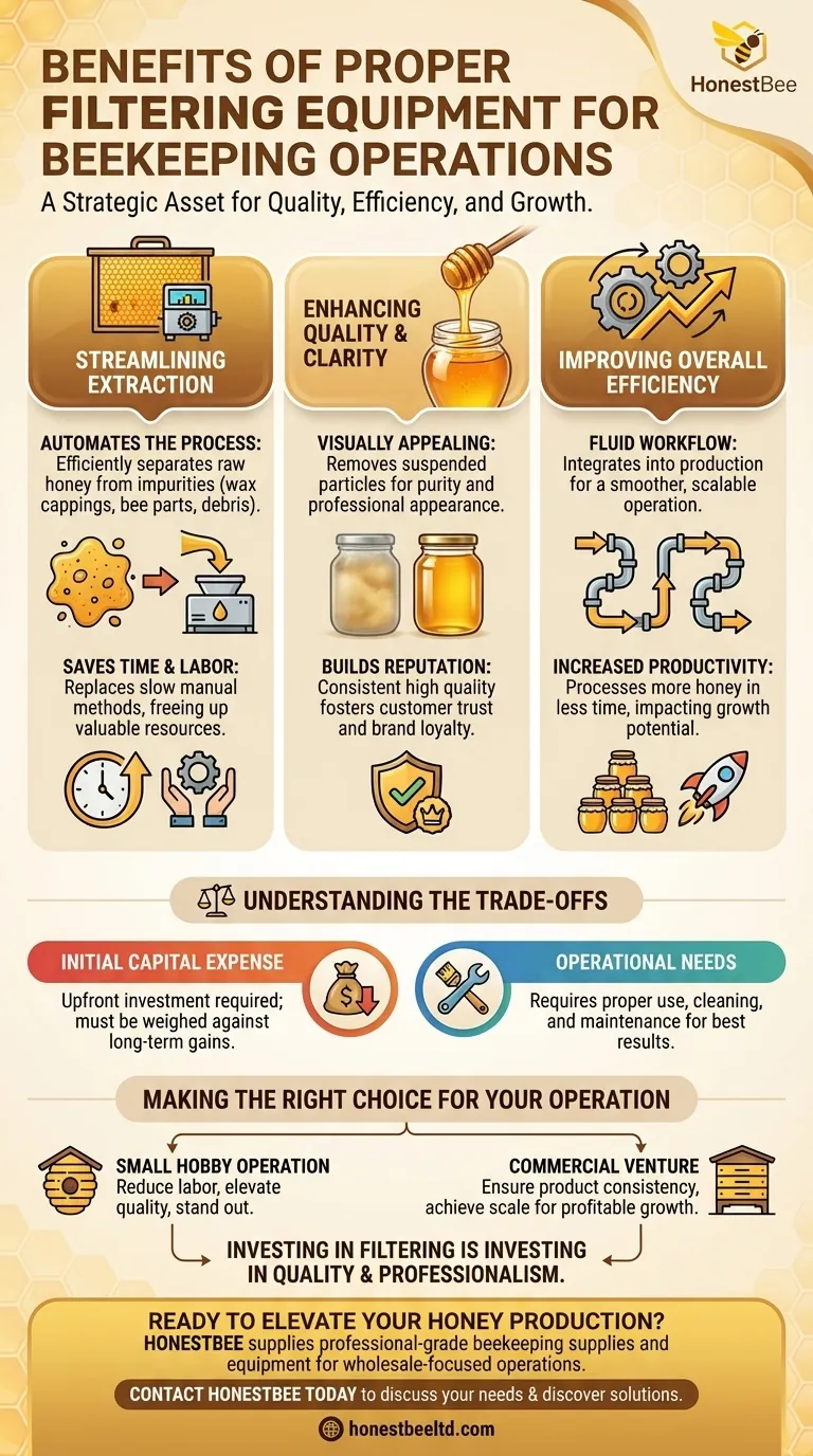 How does investing in proper filtering equipment benefit a beekeeping operation? Boost Honey Quality and Efficiency Visual Guide