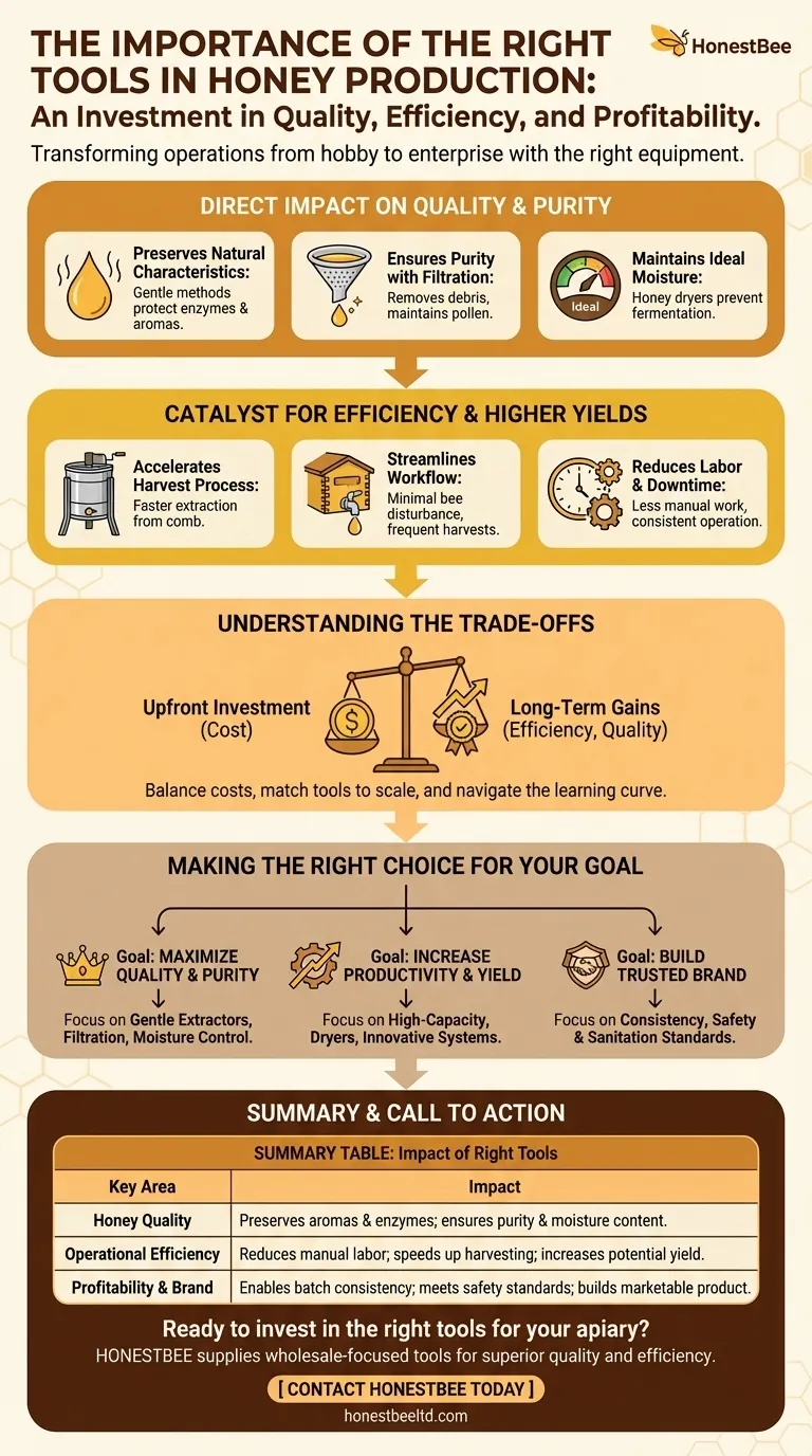 Qual è l'importanza di utilizzare gli strumenti giusti nella produzione di miele? Migliorare qualità, resa e redditività Guida Visiva