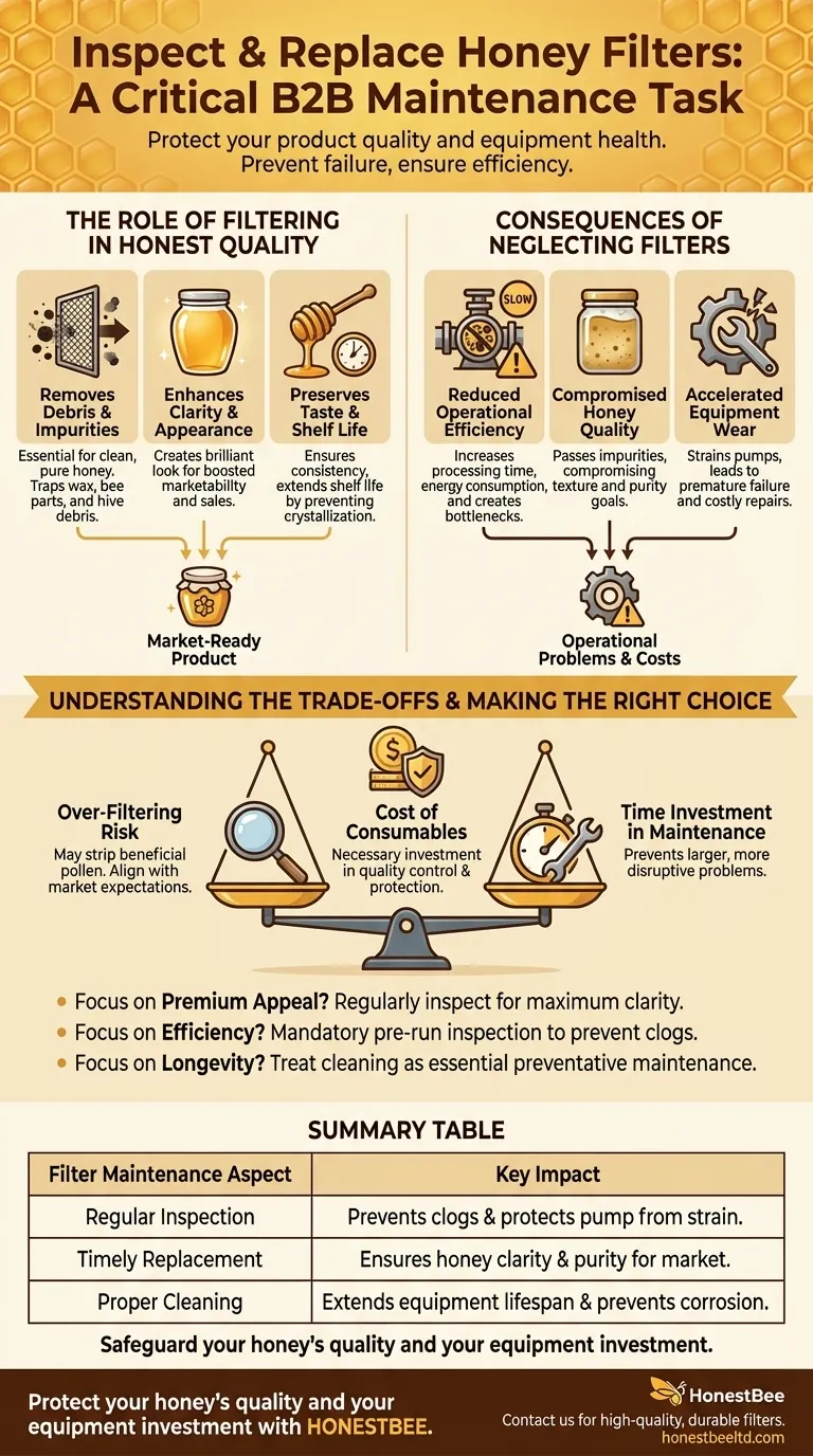 Why is it important to inspect and replace filters in honey filtering equipment? Protect Your Honey Quality & Equipment Visual Guide