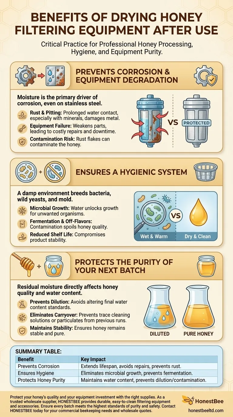 What are the benefits of drying honey filtering equipment after use? Protect Your Honey Quality & Equipment Investment Visual Guide