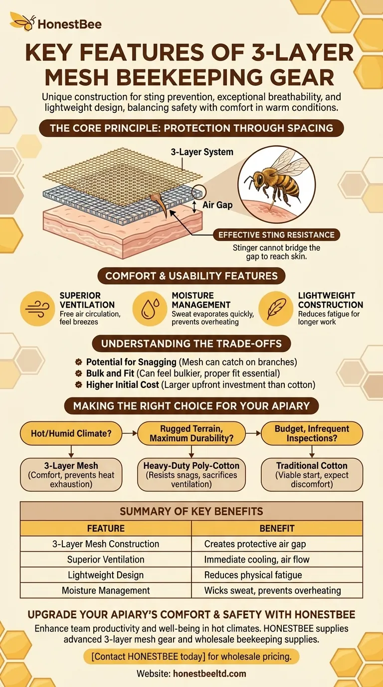 What are the key features of the 3-layer mesh gear designed for beekeeping? Superior Protection & Ventilation Visual Guide