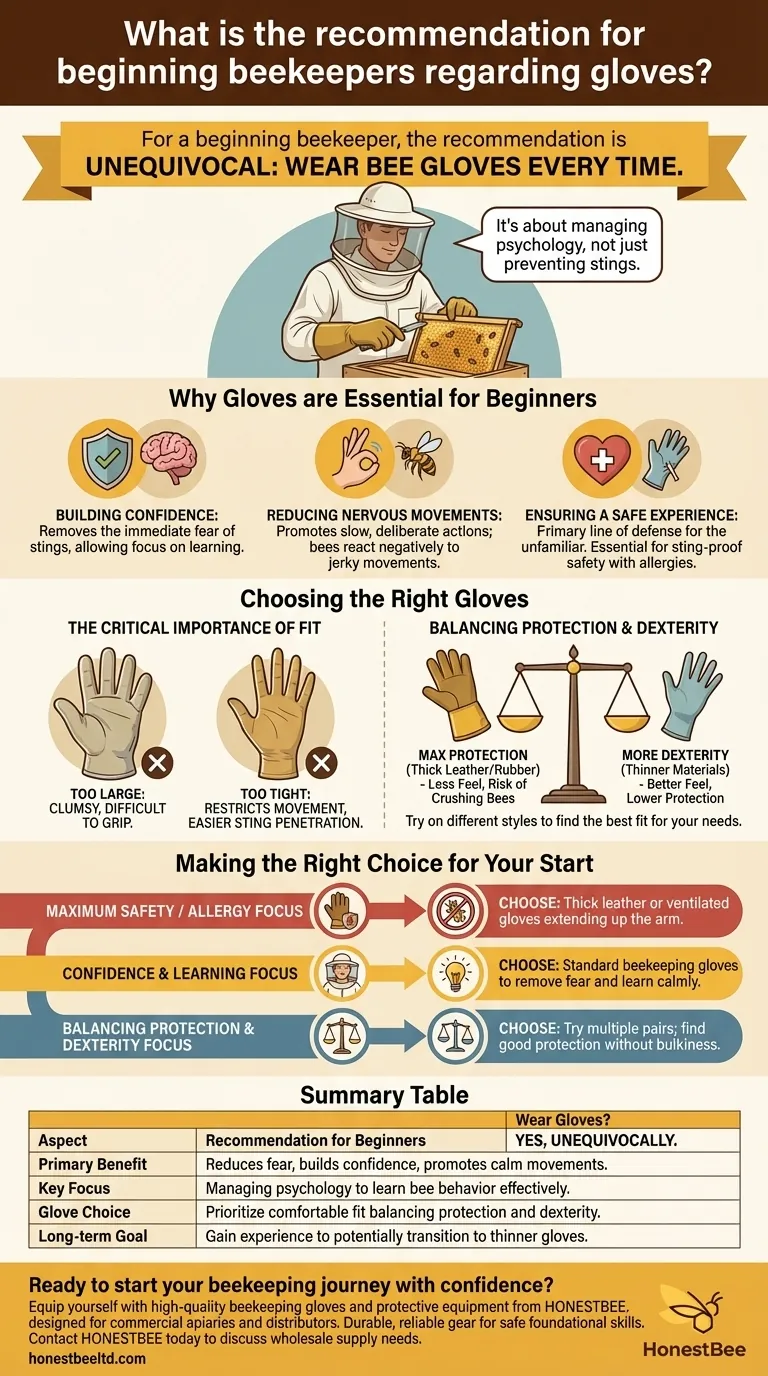 Qual é a recomendação para apicultores iniciantes em relação às luvas? Construa Confiança e Segurança Guia Visual