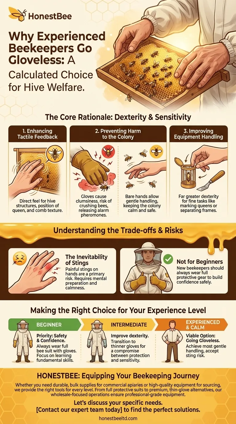 Why do some experienced beekeepers choose not to wear gloves? For Superior Dexterity & Hive Welfare Visual Guide