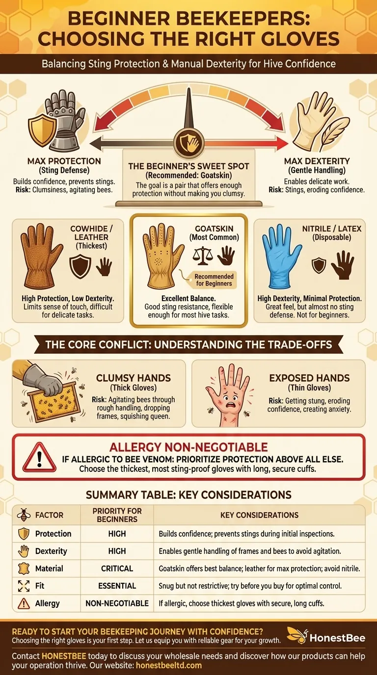 What should beginner beekeepers consider when choosing beekeeping gloves? Balance Protection and Dexterity for Success Visual Guide