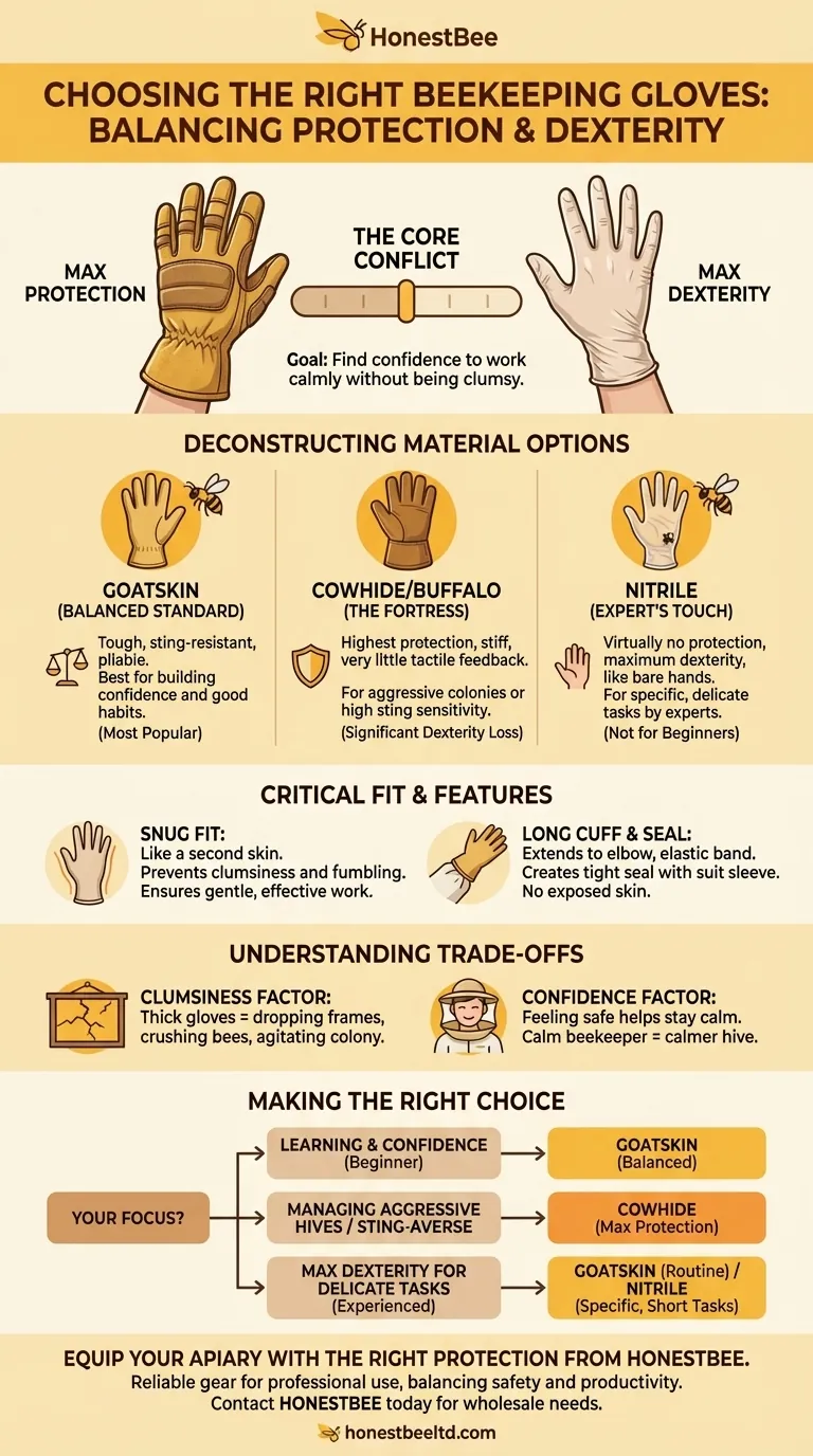 What should be considered when choosing the right beekeeping gloves? Balancing Protection & Dexterity Visual Guide