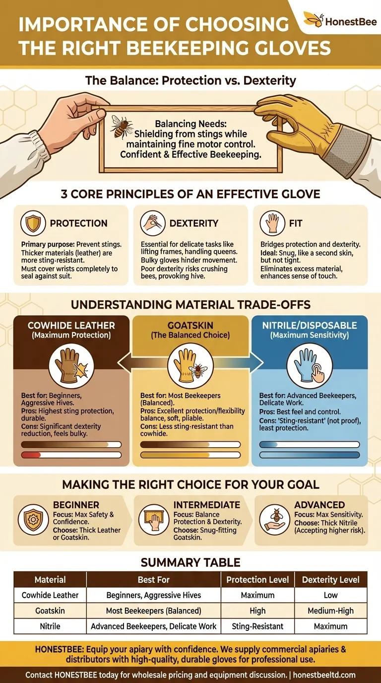 What is the importance of choosing the right gloves for beekeeping? Balance Protection and Dexterity for Hive Success Visual Guide