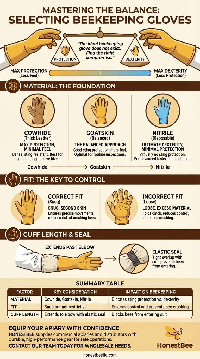 What factors should be considered when selecting beekeeping gloves? Balance Protection and Dexterity Visual Guide