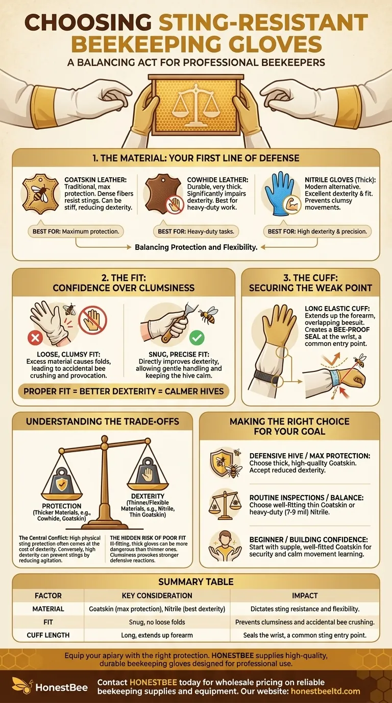 What factors should be considered when choosing the most sting-resistant beekeeping gloves? Balance Protection & Dexterity Visual Guide