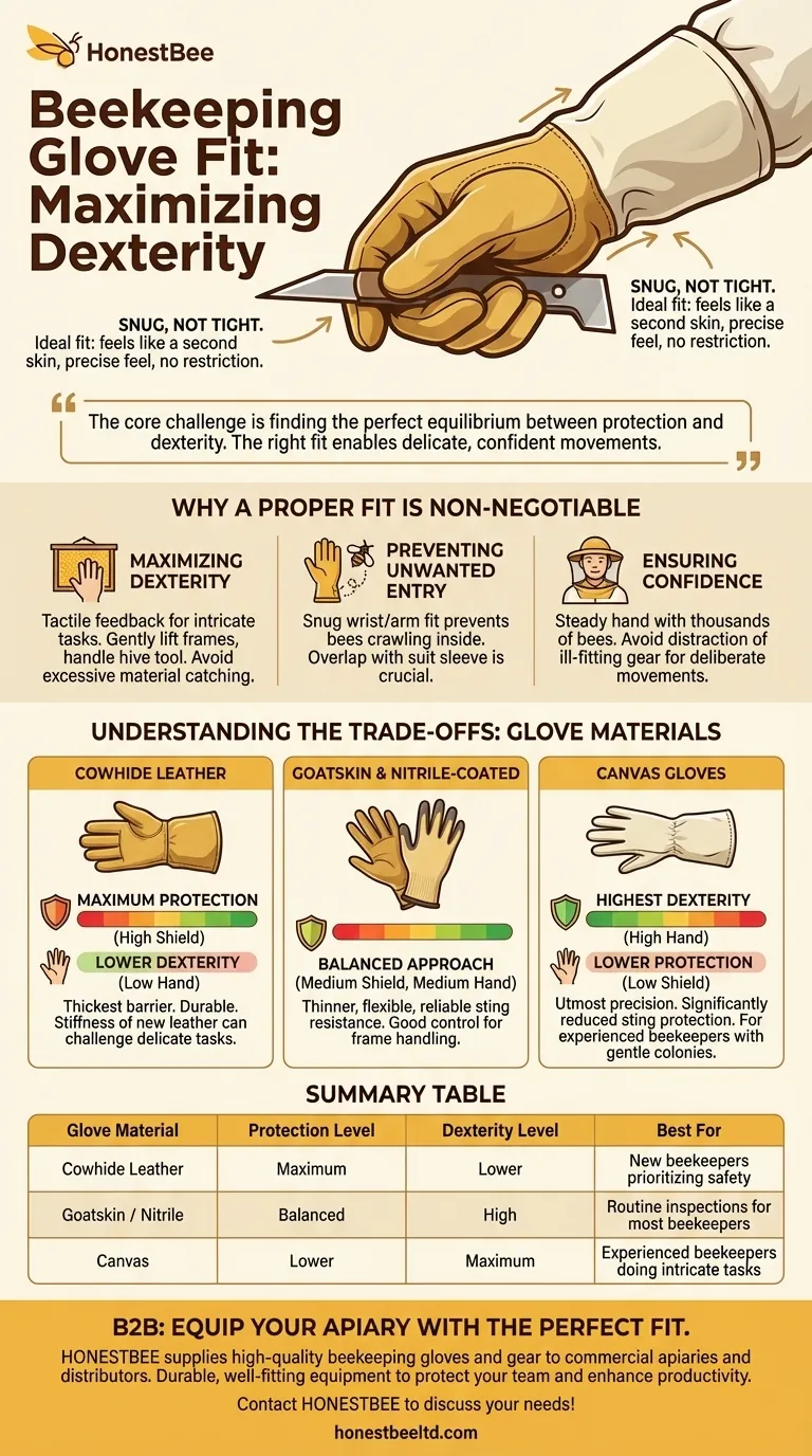 How should beekeeping gloves fit to ensure maximum dexterity? Achieve the Perfect Balance for Hive Work Visual Guide
