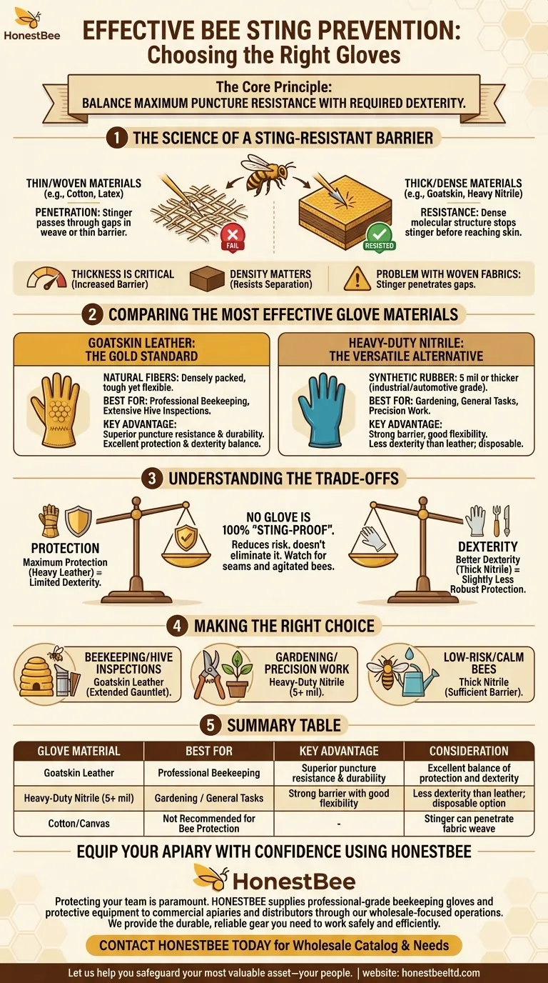 What types of gloves are most effective at preventing bee stings? Durable Goatskin & Nitrile Barriers Visual Guide